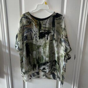 Beautiful Italian Made Silk Blend Green Abstract Print Women's Top Blouse